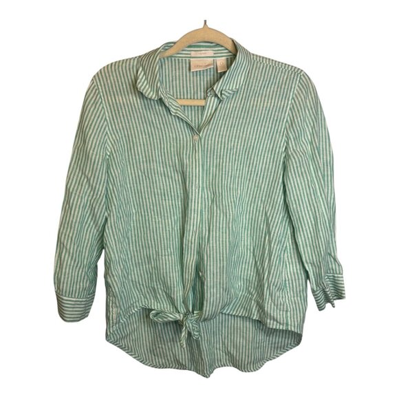 Chico's Blouse Women's Size Small Stripes Tie No Iron Linen Green White Chicos 0 - Picture 1 of 4